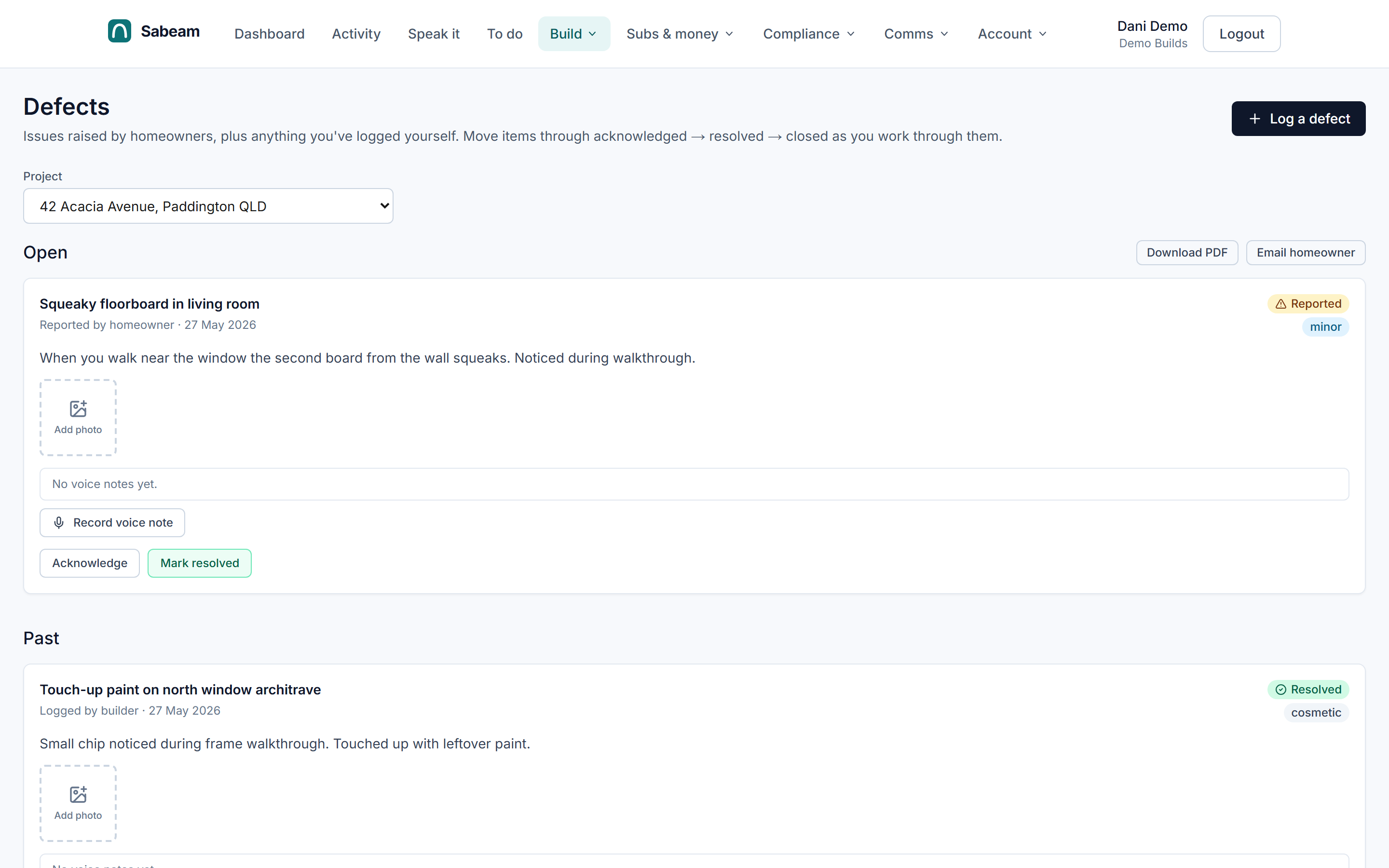 Defects & handover — Sabeam UI