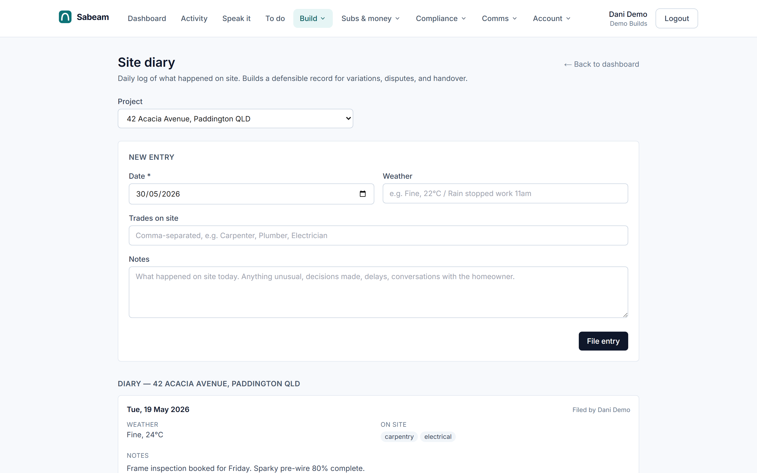 Site diary & progress — Sabeam UI