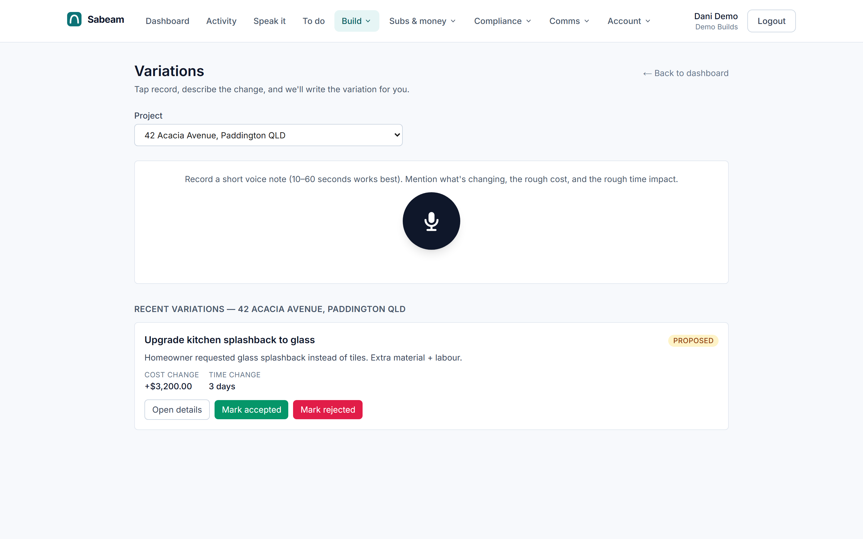 Variation capture — Sabeam UI